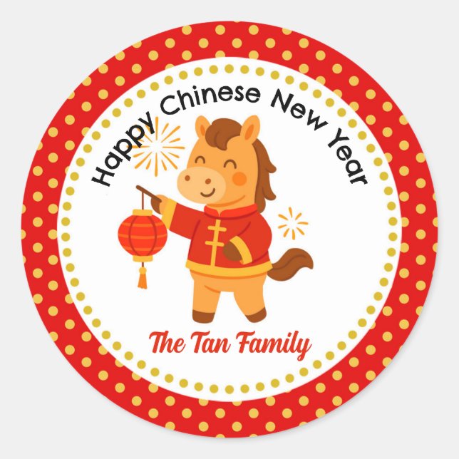 Sticker Rond Nouvel An chinois du Cheval Mignon (Devant)
