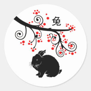 Sticker Rond Nouvel An chinois du lapin et des fleurs rouges