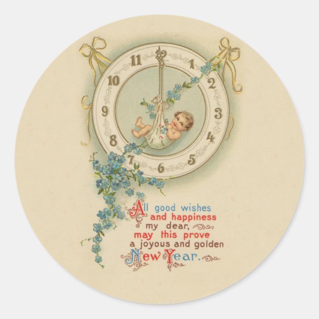 Sticker Rond Nouvel An vintage Horloge Bébé (Devant)