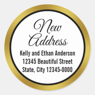 Sticker Rond Nouvelle adresse Black White Gold Elegant Script M