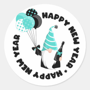 Sticker Rond Nouvelle année gnome sarcelle et noir heureux