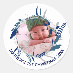 Sticker Rond NOUVELLE Faire-part de bébé 1er Noël Festive PHOTO