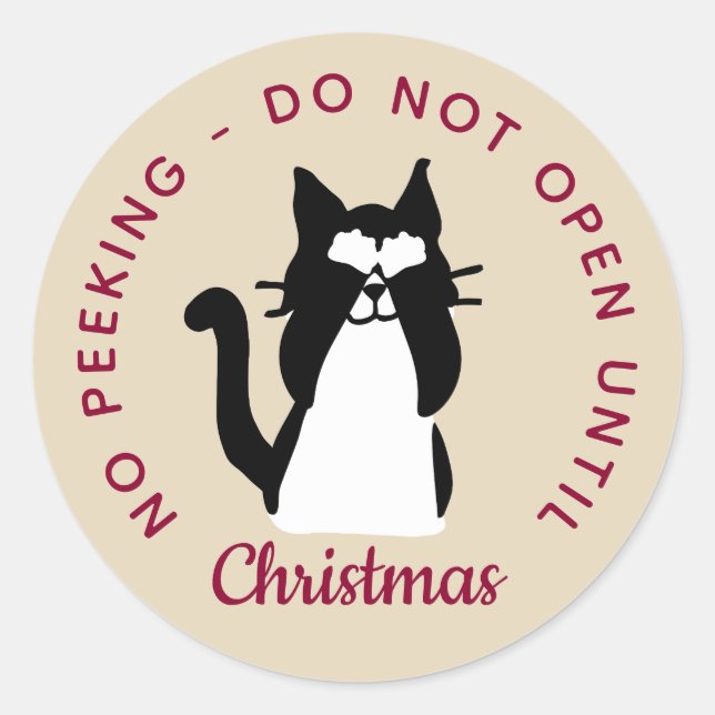 Sticker Rond N'ouvrez pas avant Noël Chat Kitty Peekaboo (Devant)