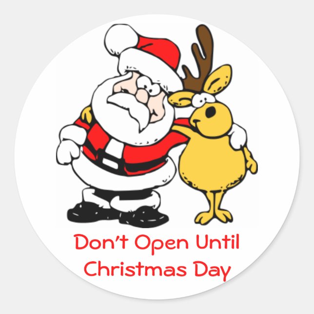 Sticker Rond N'ouvrez pas jusqu'à Noël mignon Père Noël et Rein (Devant)