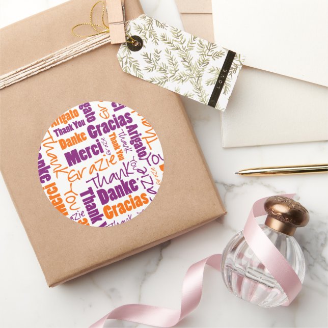 Sticker Rond Nuage de mots de Merci violet et orange (Cadeaux)