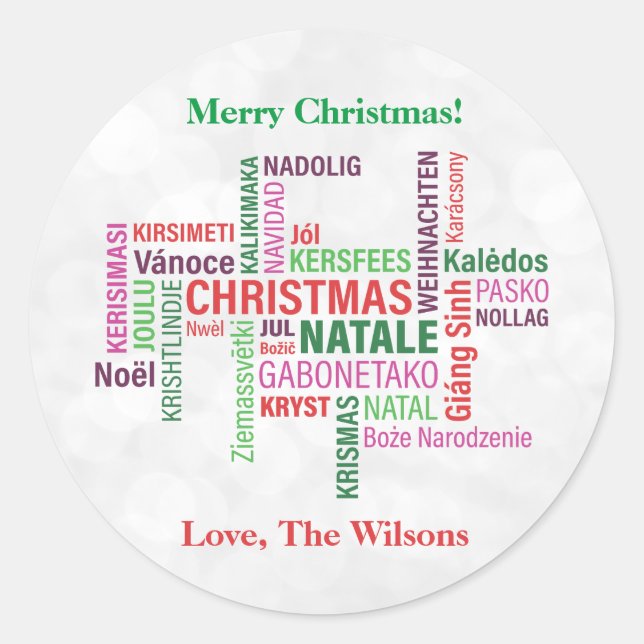 Sticker Rond Nuage de mots de Noël dans différentes langues Per (Devant)
