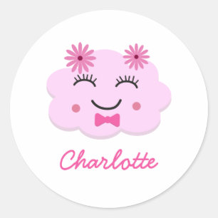 Sticker Rond Nuage rose mignon kawaii nom personnalisé