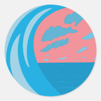 Sticker Rond Nuages de vagues bleu de l'océan ciel rose foncé