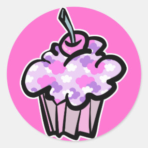 Sticker Rond nuages rose et violet cupcake