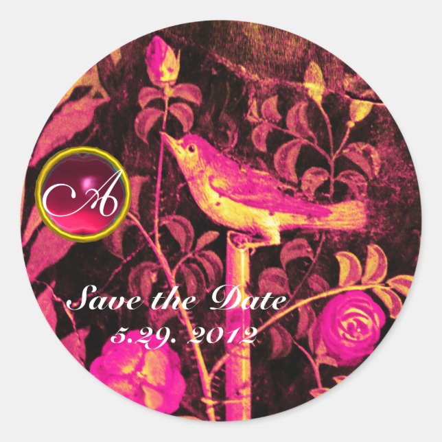 Sticker Rond NUIT AVEC ROSE MONOGRAM rose Jaune Noir (Devant)
