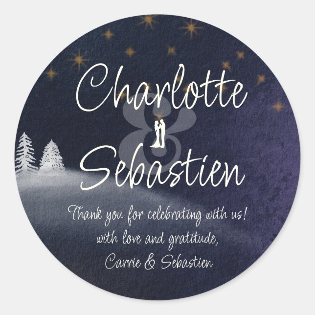 Sticker Rond Nuit d'hiver & Pine Tree Moderne Aquarelle Mariage (Devant)
