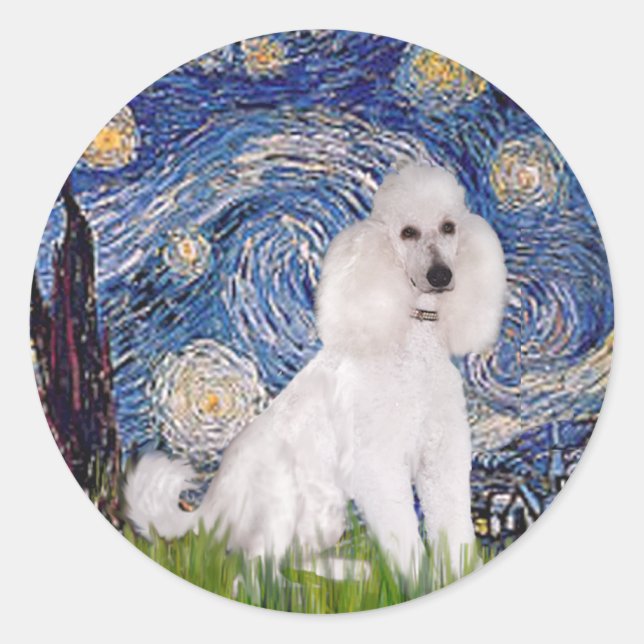 Sticker Rond Nuit étoilée - Caniche blanc standard (C) (Devant)