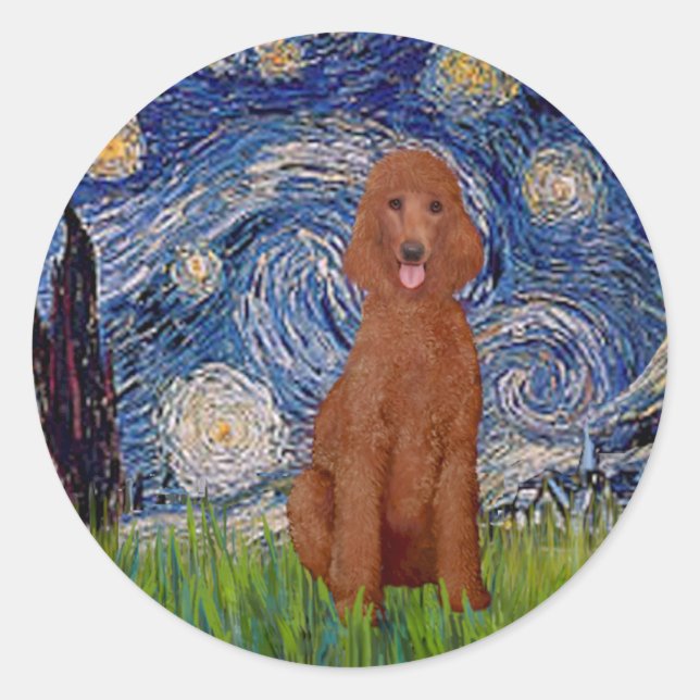Sticker Rond Nuit étoilée - Caniche standard rouge foncé #1 (Devant)