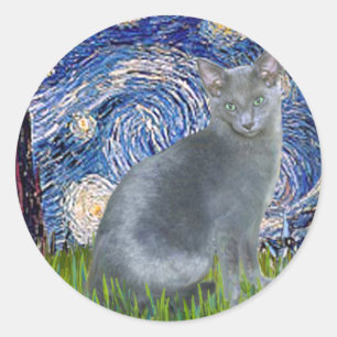 Sticker Rond Nuit étoilée - chat bleu russe 2
