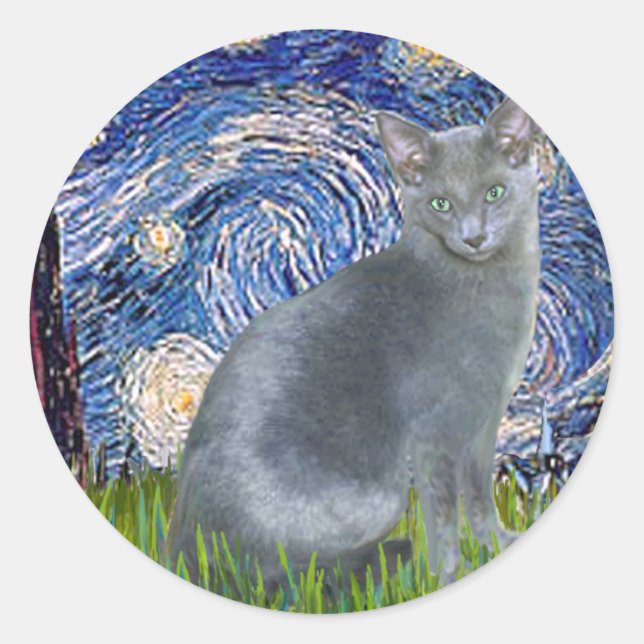Sticker Rond Nuit étoilée - chat bleu russe 2 (Devant)