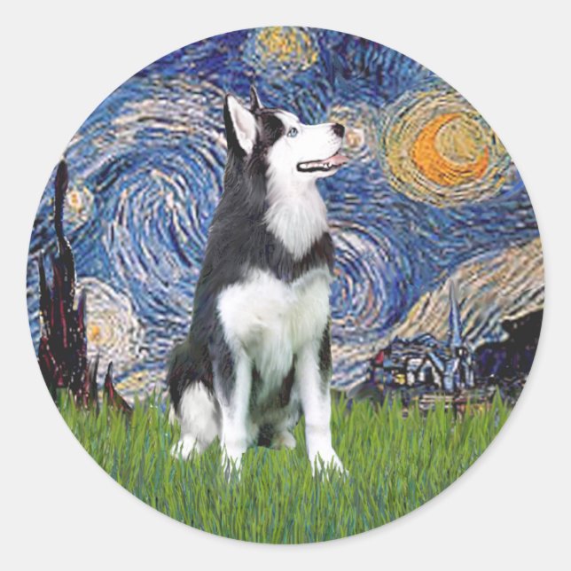 Sticker Rond Nuit étoilée - Husky sibérien #1 (Devant)