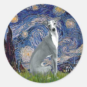 Sticker Rond Nuit étoilée-Lévrier italien 4 (assis)