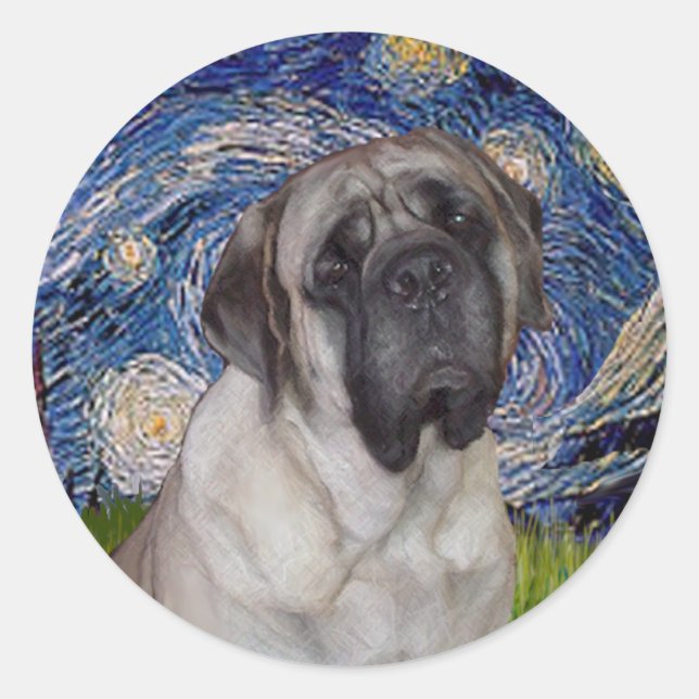 Sticker Rond Nuit étoilée - Portrait de Bull Mastiff (Devant)