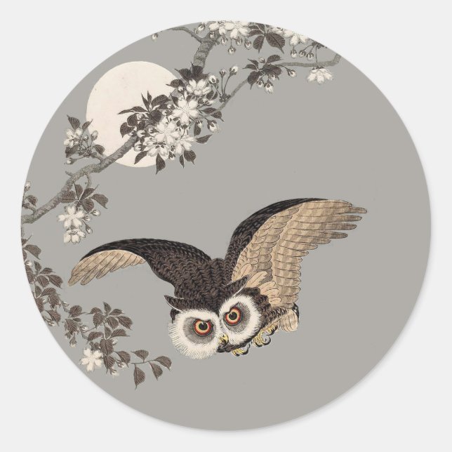 Sticker Rond Nuit Japonaise Chouette Lune Bois Coupe Flying Nig (Devant)