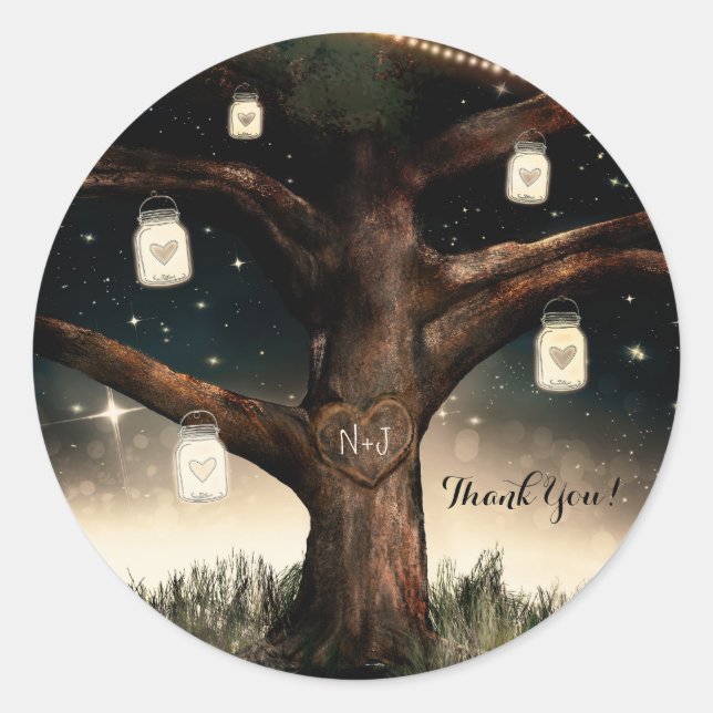 Sticker Rond Nuit Rustique Arbre avec Lumières et Mariage de Po (Devant)
