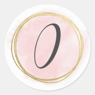 Sticker Rond Numéro 0 Monogramme Rose Pâle Aquarelle Or