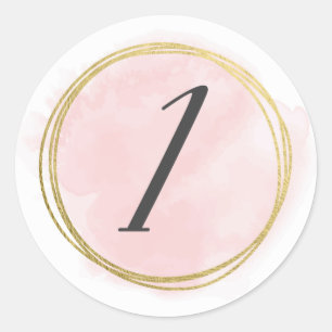 Sticker Rond Numéro 1 Monogramme Rose Pâle Aquarelle Or