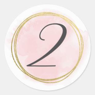 Sticker Rond Numéro 2 Deux Blush Rose Monogramme Aquarelle Or