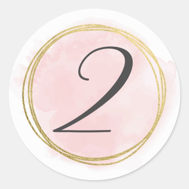 Sticker Rond Numéro 2 Deux Monogram Blush Rose Aquarelle Or (Devant)