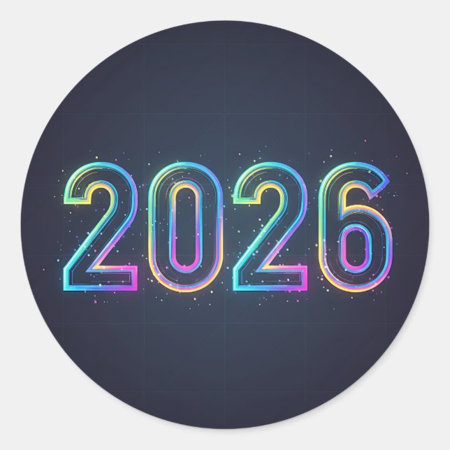 Sticker Rond Numéros futuristes brillants 2026 avec lumière néo (Devant)