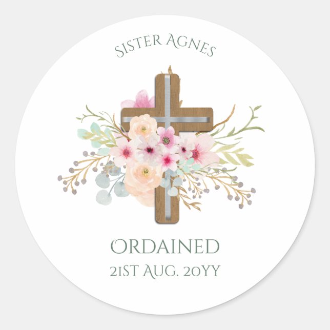 Sticker Rond NUN - Ordination ou anniversaire - Croix florale (Devant)