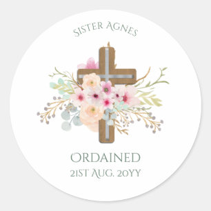 Sticker Rond NUN - Ordination ou anniversaire - Croix florale