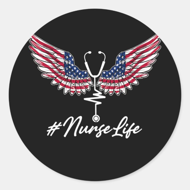 Sticker Rond Nurse Life Angel Wings American Flag Stethoscope (Devant)