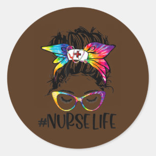 Sticker Rond Nurse Life Messy Bun Tie Dye Lunettes Bandana