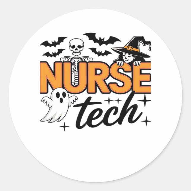 Sticker Rond Nurse Tech - Halloween - avec squelette, sorcière  (Devant)