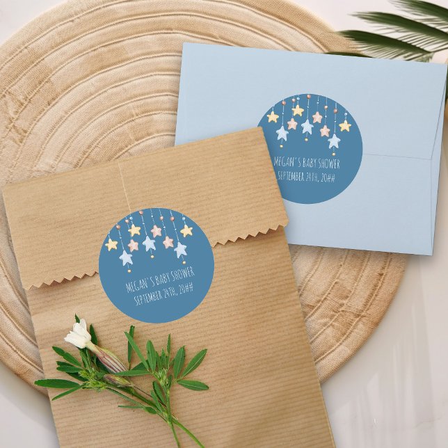 Sticker Rond Nursery Stars Blue Baby shower personnalisé (Blue Stickers from my Twinkle Twinkle baby shower collection)