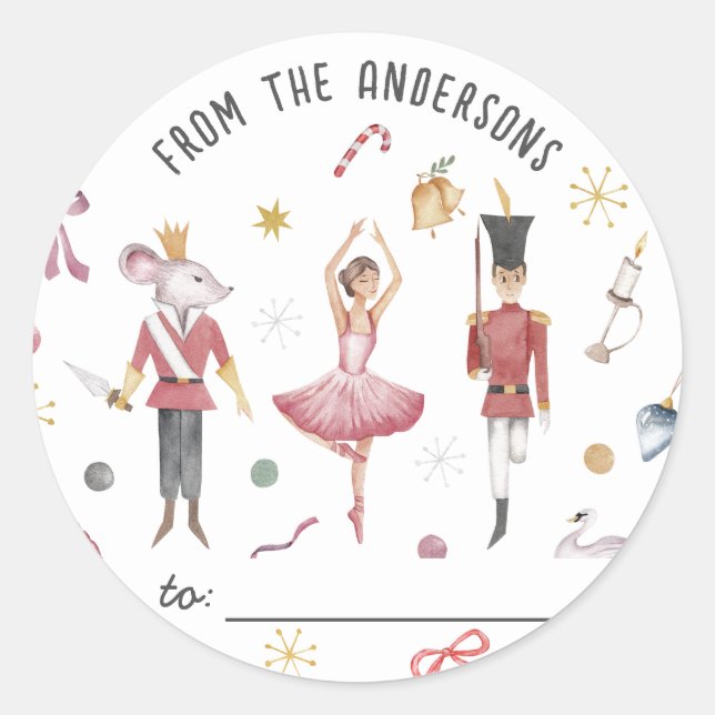 Sticker Rond Nutcracker Ballerina famille cadeau de Noël (Devant)