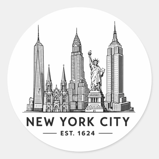 Sticker Rond NYC Skyline Illustration with Statue of Liberty (Devant)
