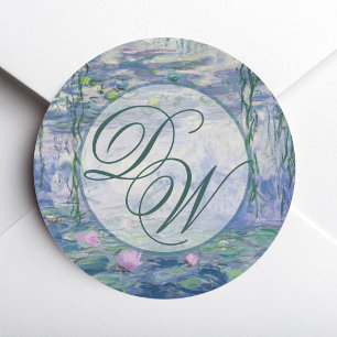 Sticker Rond Nymphéas de Monet Mariage Monogramme Élégant Flora
