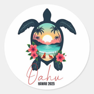 Sticker Rond Oahu Hawaï 2025 Vacances d'été Famille Tortue