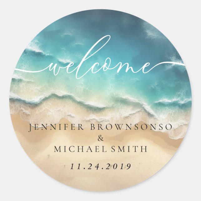 Sticker Rond Ocean Beach Cute Signature Boho Bienvenue Mariage (Devant)