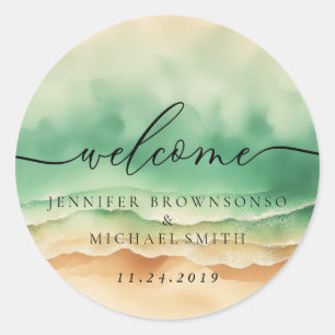 Sticker Rond Ocean Beach Green Signature Boho Bienvenue Mariage