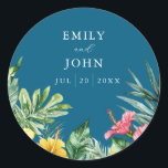Sticker Rond Océan Bleu Fleurs tropicales Mariage Faveur<br><div class="desc">Ces fleurs tropicales d'aquarelle moderne bleu océan avec des stickers de faveur mariage verdoyants peuvent être personnalisées avec vos informations dans une typographie élégante. Conçu par Thisisnotme©</div>
