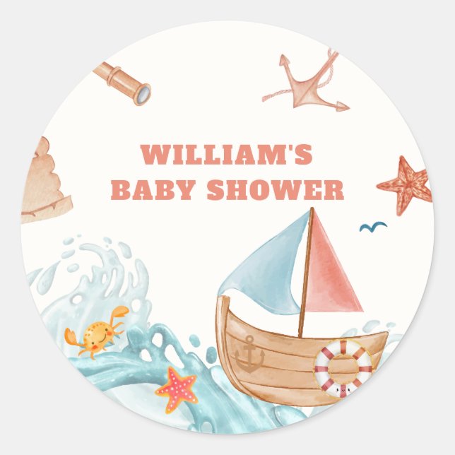 Sticker Rond Ocean Boy Adventure Baby shower de voilier (Devant)