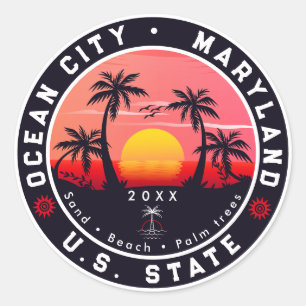 Sticker Rond Ocean City Maryland Retro Sunset Souvenirs 80s