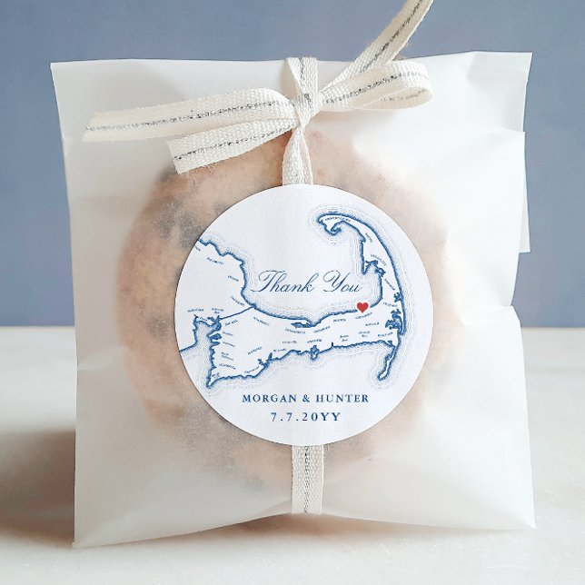 Sticker Rond Ocean Edge Cape Cod Carte Merci Mariage Faveur (Ocean Edge Resort Thank You wedding favor sticker label in elegant navy blue by Coastal Map Designs)
