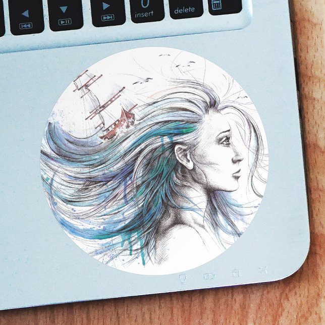 Sticker Rond Ocean girl Naureal Watercolor art (Créateur téléchargé)