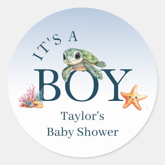 Sticker Rond Ocean Life Animaux Tortues Baby shower C'est un ga (Devant)