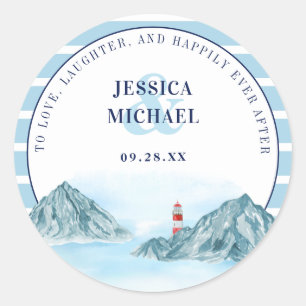 Sticker Rond Ocean Mountain Lighthouse Blue Watercolor Mariage