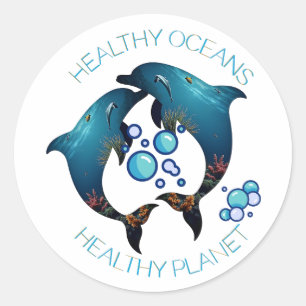 Sticker Rond Océans en santé Dolphins Art De l'environnement
