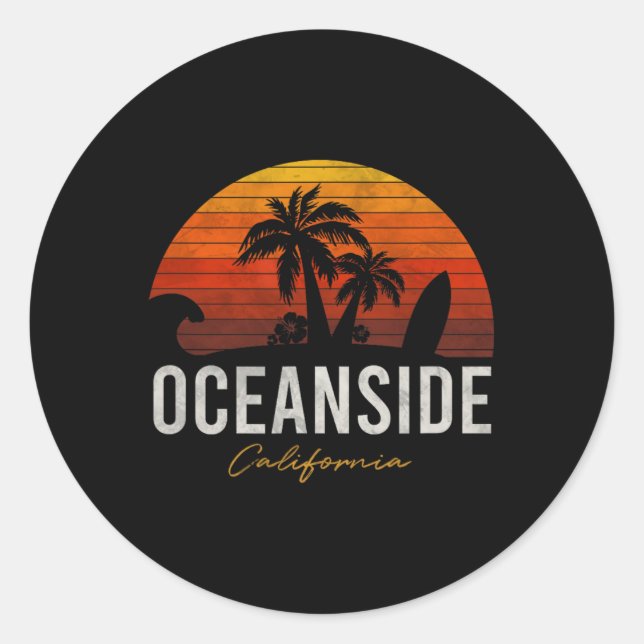 Sticker Rond Oceanside Beach California Palms Vacation Surf Sun (Devant)